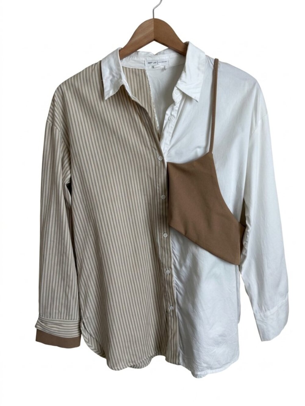 Grey Lab Colorblock Stripe Button Down S Asymmetrical Cami Overlay Tan White